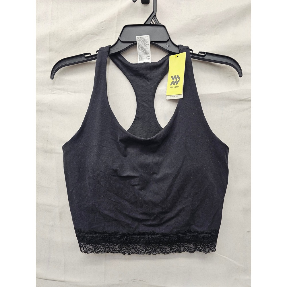 All in Motion Womens Lace Trim Longline Sports Bra Tank Top Black Size Medium